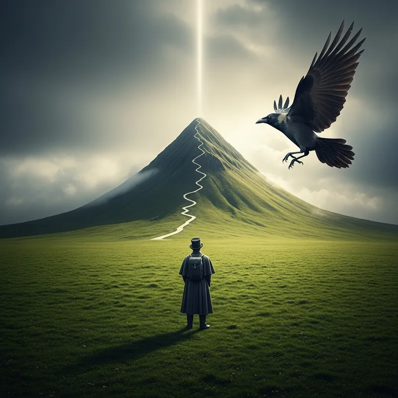 Epic Fantasy Scene of Mountain and Crow