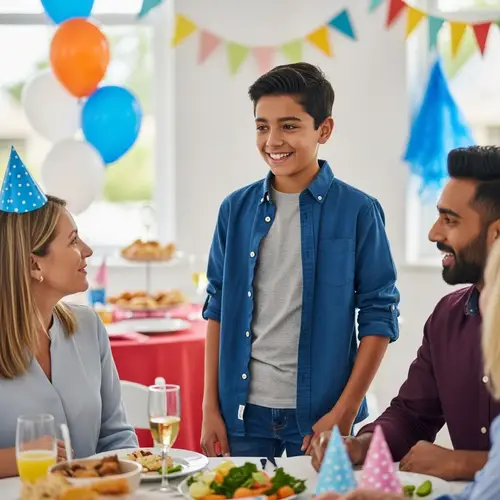 Festive Party Scene: Hispanic Boy Engaging with Guests