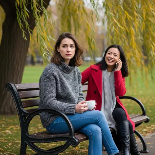 Melancholic 27-Year-Old Woman and Cheerful 32-Year-Old Woman in Park
