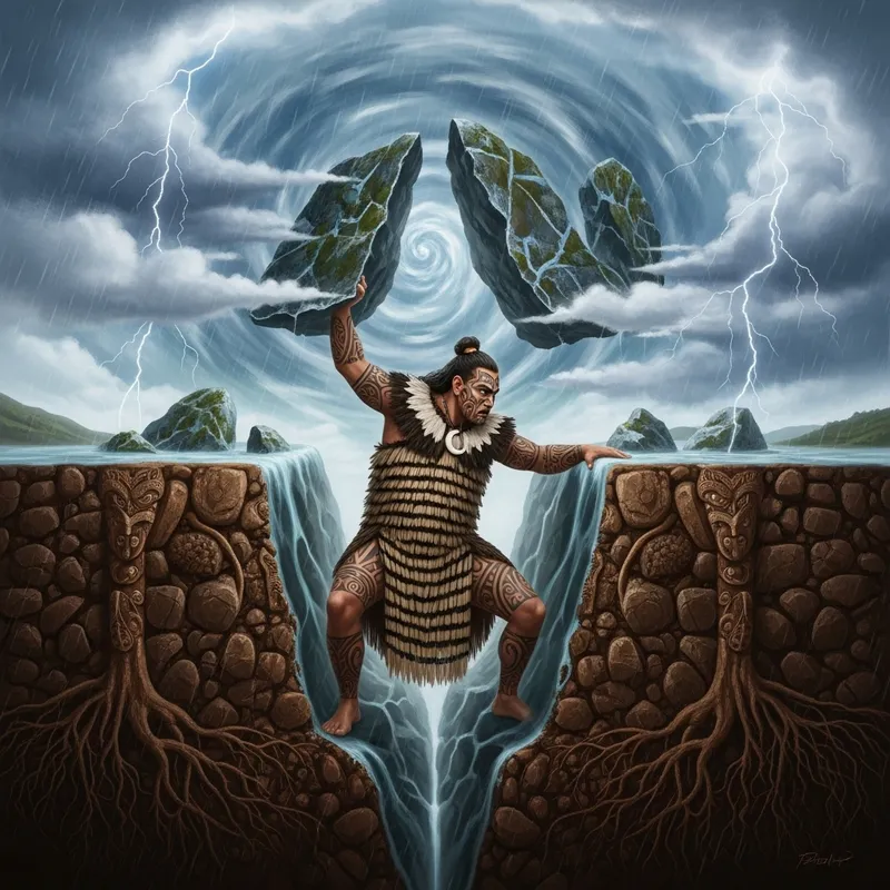 Maori God Separating Earth and Sky - Mythical Deity Divides Land and Atmosphere Maori God Separating Earth and Sky - Mythical Deity Divides Land and Atmosphere
