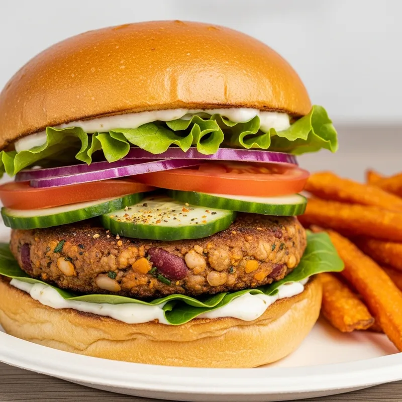 Mouthwatering Veggie Burger and Sweet Potato Fries