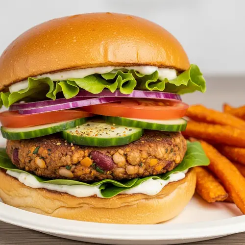Delicious Veggie Burger with Fresh Veggies and Sweet Potato Fries