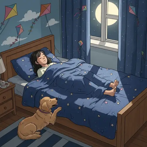 Tranquil Scene: Asian Girl Sleeping Peacefully with Golden Retriever