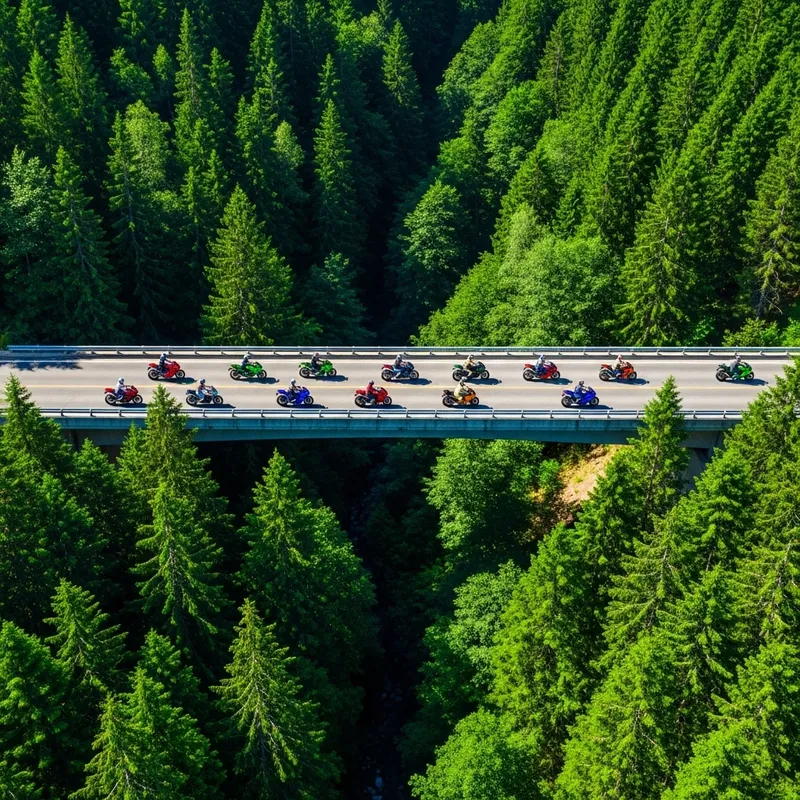 Aerial View: Vibrant Bikers over Lush Forest