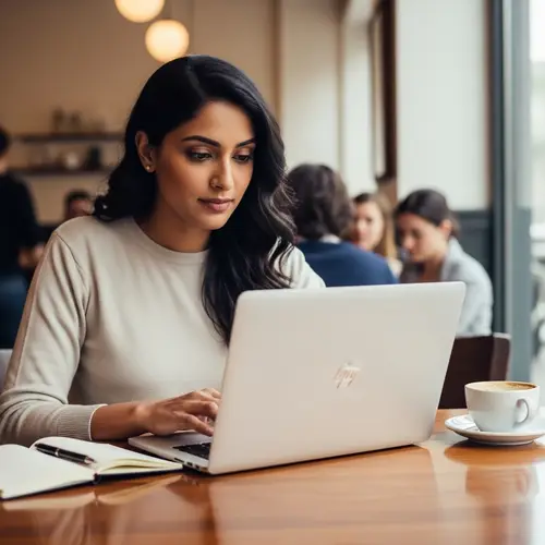 Sleek Silver Laptop Typing by South Asian Woman