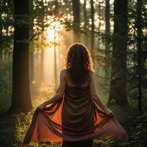 Elegant Young Woman in Forest at Sunrise