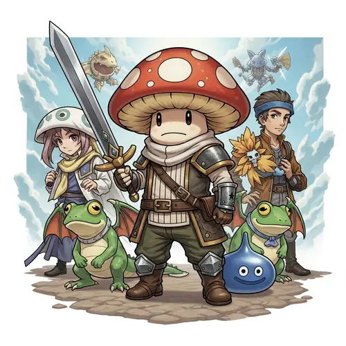 Fantastical Mushroom Swordsman and Companions in Extraordinary Setting