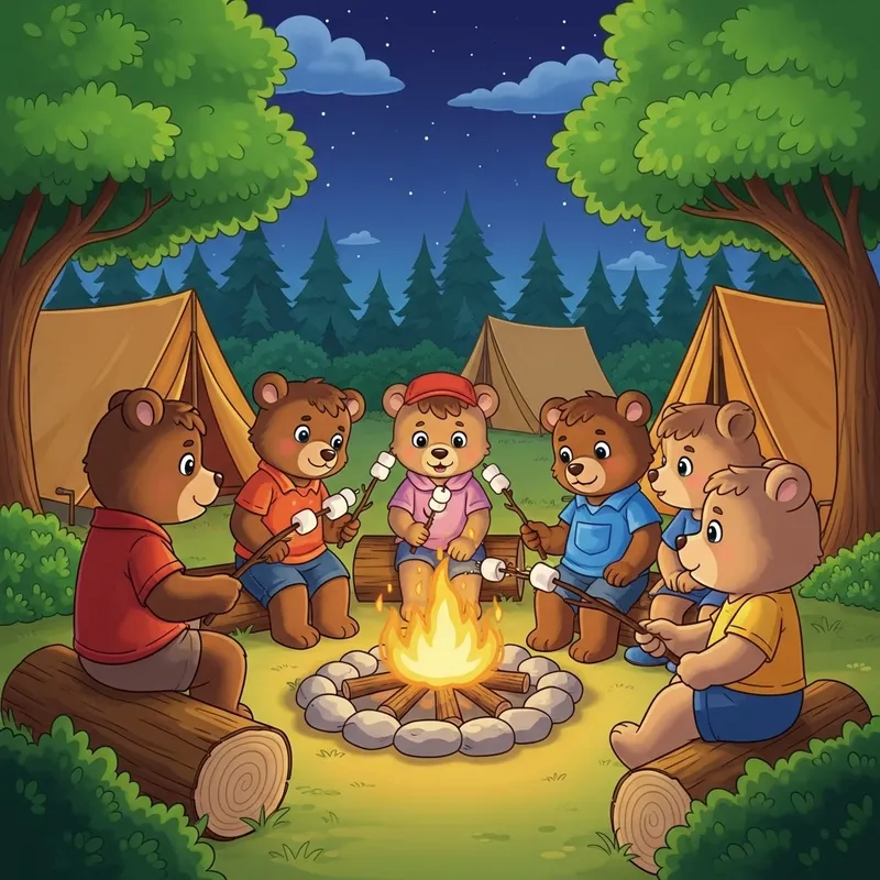 Adolescent Cartoon Bears Roasting Marshmallows Adolescent Cartoon Bears Roasting Marshmallows