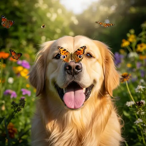 Happy Dog with Butterfly: Joyful Moment in Garden