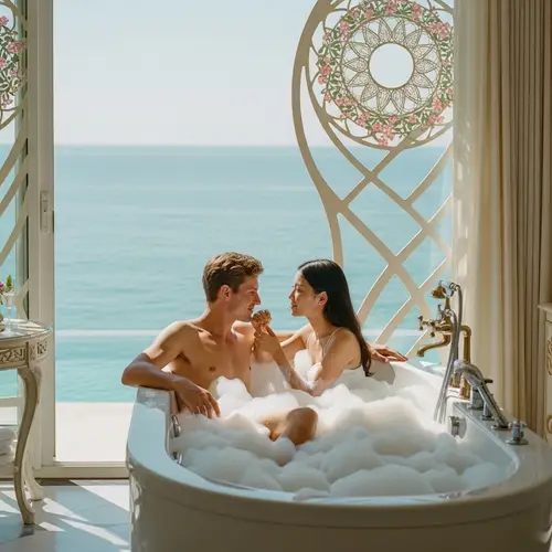 Luxurious Romantic Couple Relaxing in Seaside Room