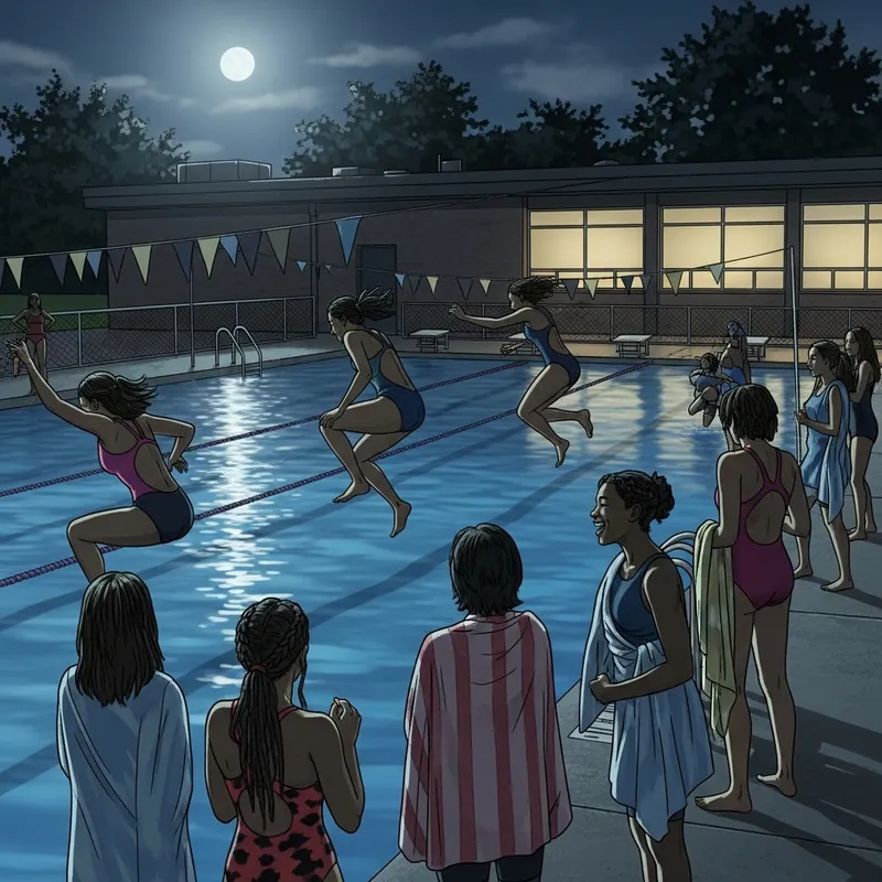 High School Black Female Students Nighttime Pool Gathering