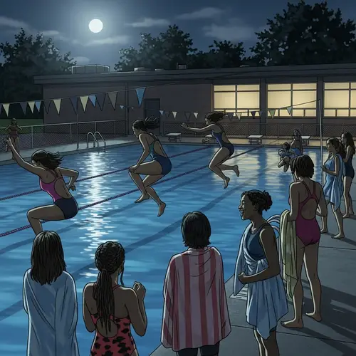 High School Black Female Students Nighttime Swimming Pool Scene
