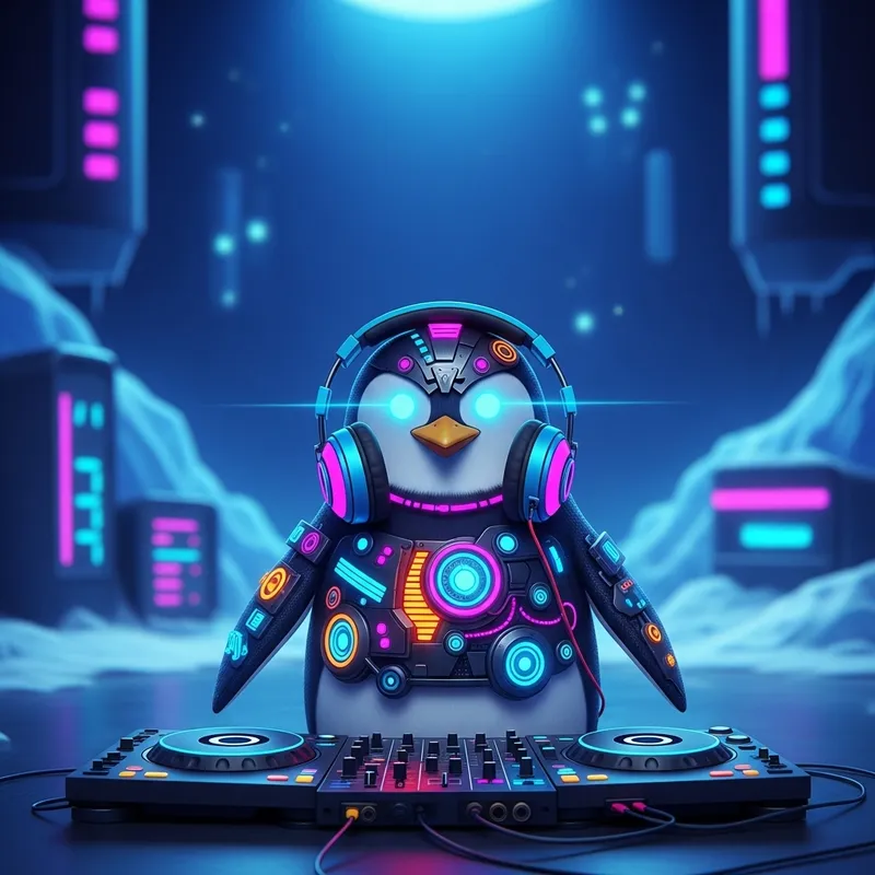Futuristic Techno Penguin in Neon-Lit Environment Futuristic Techno Penguin in Neon-Lit Environment