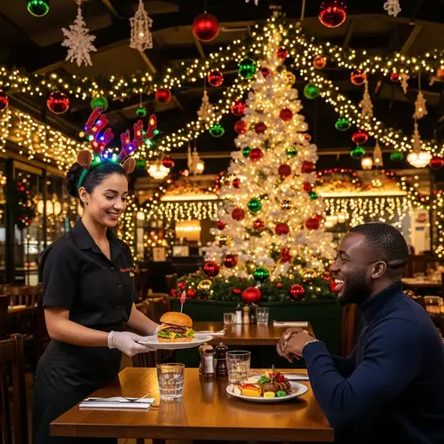 Festive Christmas Restaurant Setting with Lights & Ornaments