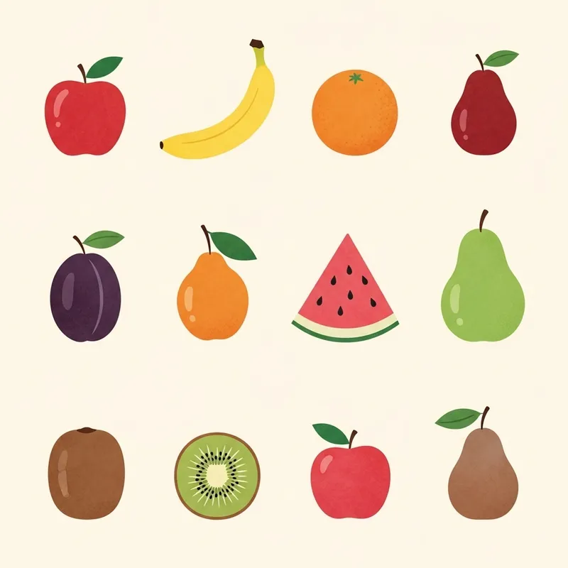 Colorful Fruits Display: 12 Assorted Fruits in Minimalist Style Colorful Fruits Display: 12 Assorted Fruits in Minimalist Style