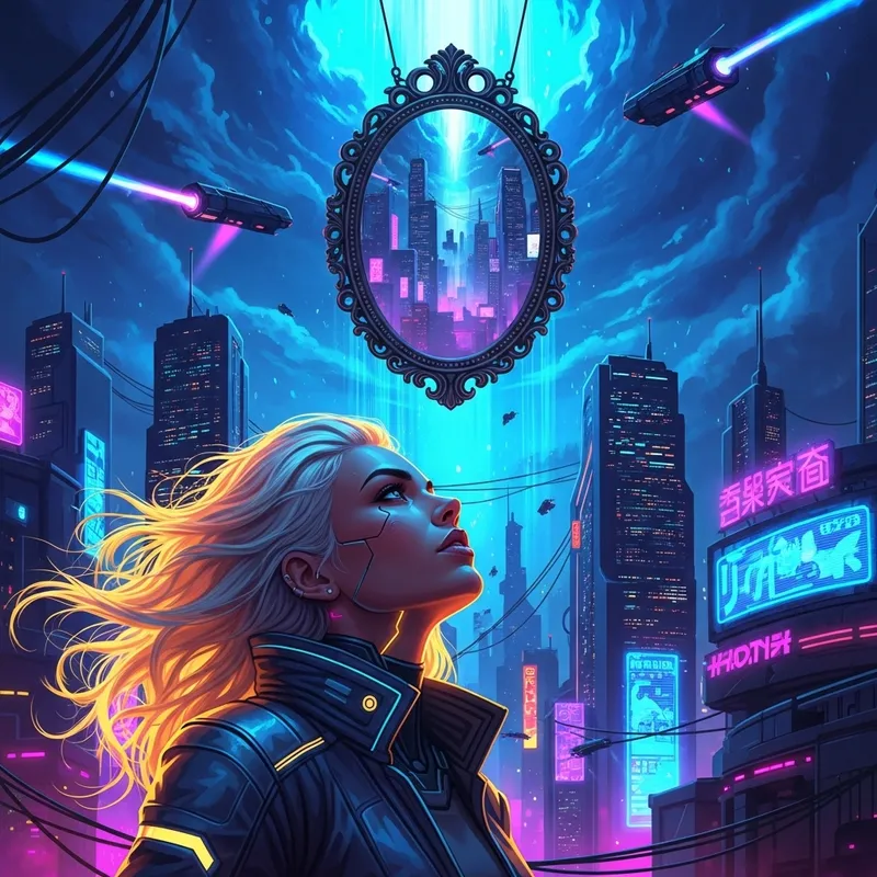 Blond Cyberpunk Beauty: Mirror Gazing Woman in Neon City