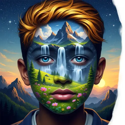 Surreal Portrait: Boy's Face Transformed into Nature Landscape
