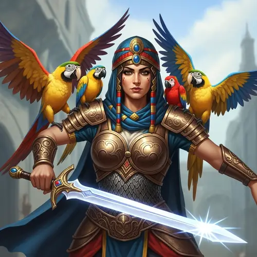Middle-Eastern War Goddess with Rainbow Parrots - Battle Preparation
