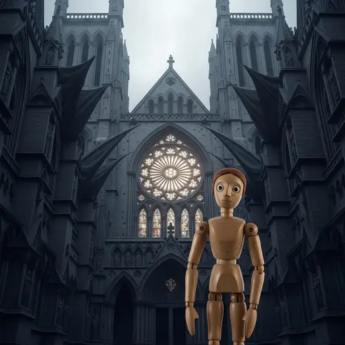 Enchanting Gothic Puppet in Front of Ancient Cathedral