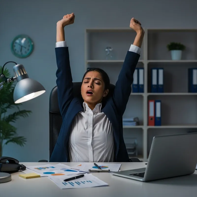 Tired South Asian Businesswoman at Well-Lit Office