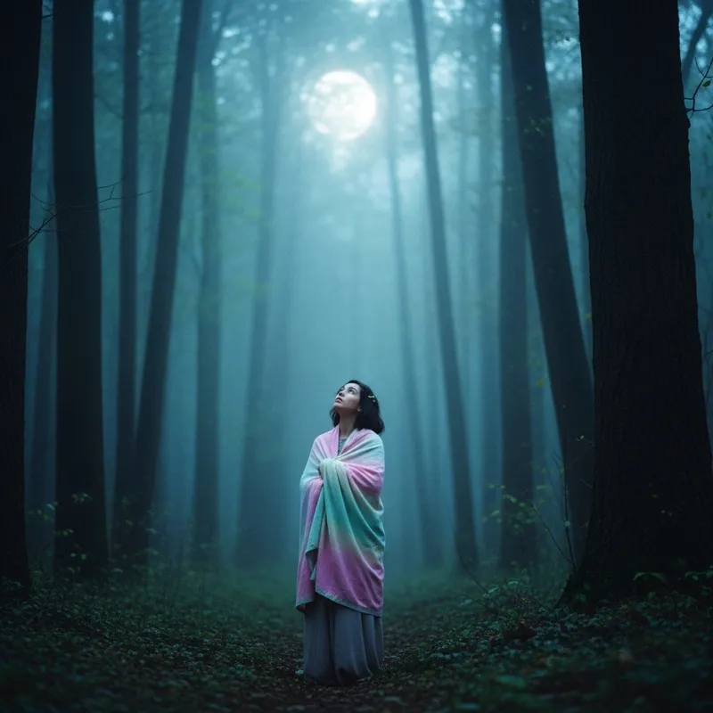 Mysterious Woman in Moonlit Forest - Dreamy Pastel Fantasy Scene