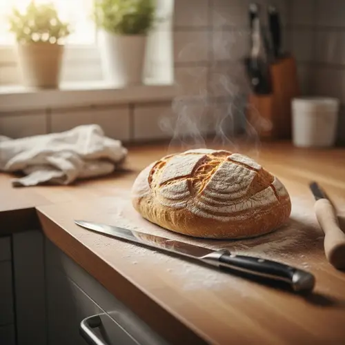 Homemade Bread: Freshly Baked Loaf in Cozy Kitchen