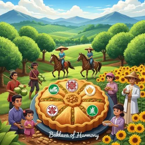 Magical Landscape with Diverse Indonesian Ethnic Groups Crafting Baklava of Harmony