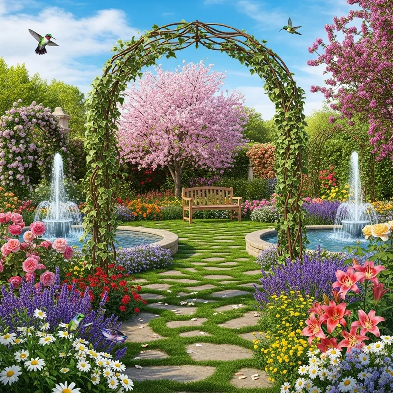 Stunningly Realistic Garden - Multicolored Roses & Hummingbirds