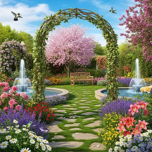 Incredibly Realistic Garden with Multicolored Roses and Hummingbirds