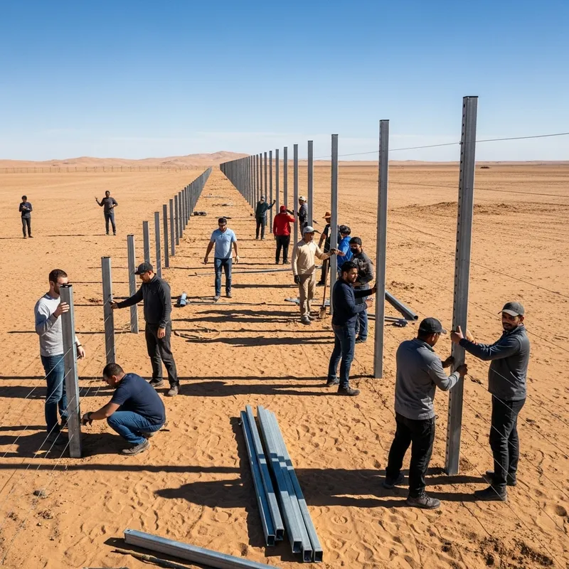 Diverse Workers Building Perimeter Fence in Desert