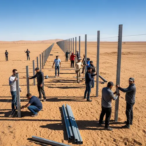 Diverse Group Building Perimeter Fence in Desert Landscape