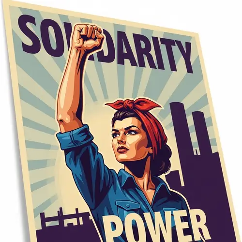 Empowered Woman Raising Fist - Vibrant Propaganda Poster Style