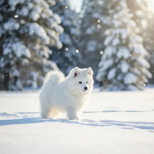 Furry Samoyed Puppy Frolicking in Winter Wonderland