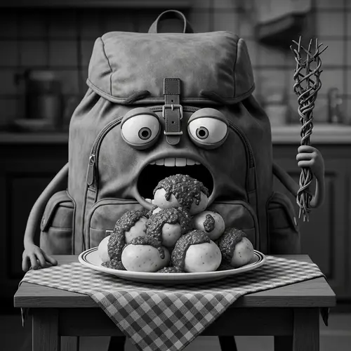 Backpack Eating Boiled Potatoes with Spicy Canarian Sauce - B&W