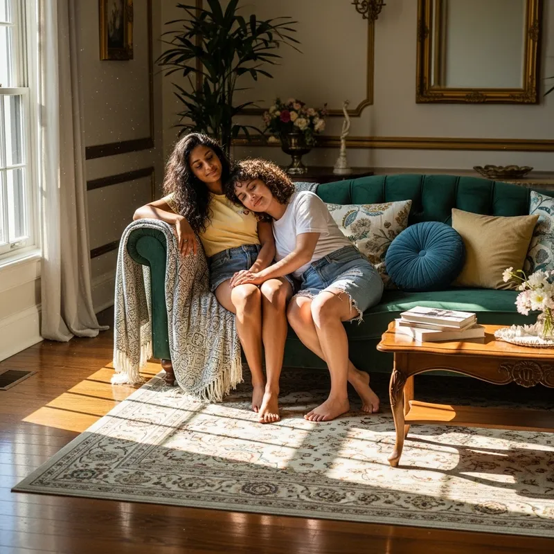 Tranquil Velvet Couch Scene with Two Carefree Young Women