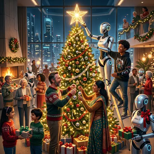 Christmas Celebration in 2050: Humans and Robots Uniting in Festivities