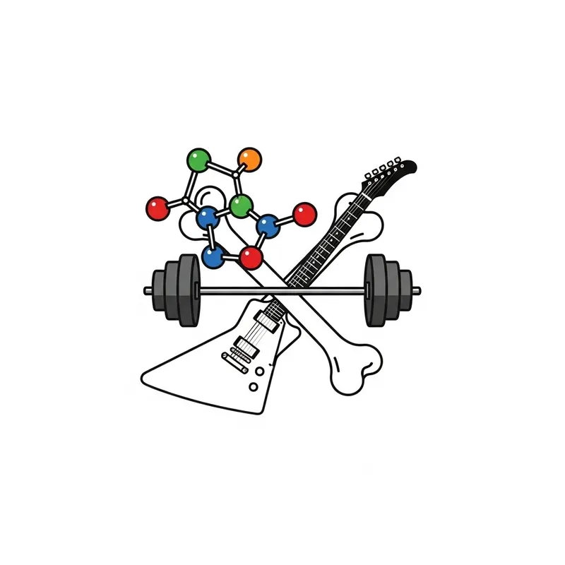Sleek Logo Design with Molecular Structure, Guitar & Barbell in Vibrant Colors