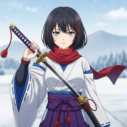 Anime Portrait of Young Woman with Bob Haircut and Katana Sword