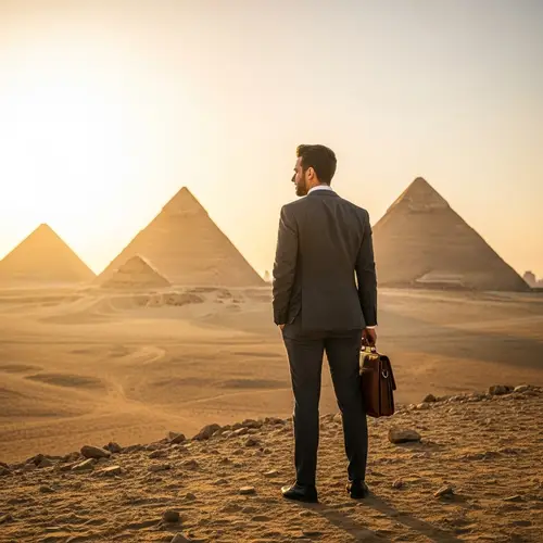 Businessman at Pyramids: Modern Professional in Ancient Egypt