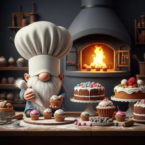 Gnome Chef Decorating Cupcakes in Bakery Scene