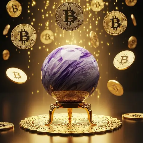 Charoite Sphere on Gold Stand with Bitcoin Background