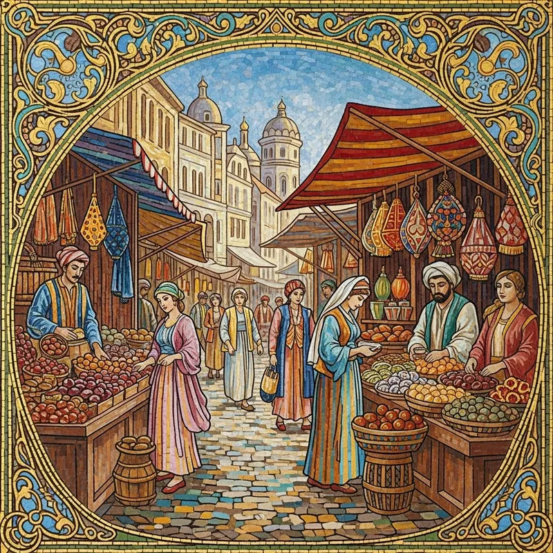 Vibrant Art Nouveau Marketplace Mosaic Painting Vibrant Art Nouveau Marketplace Mosaic Painting