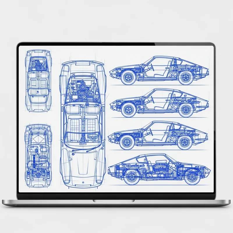 Porsche 911 Coupe Blueprint Wallpaper in Blue | Pencil Drawing