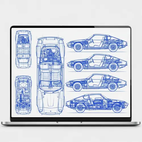 Classic Sports Car Blueprint Wallpaper in Bright Blue | Design Details