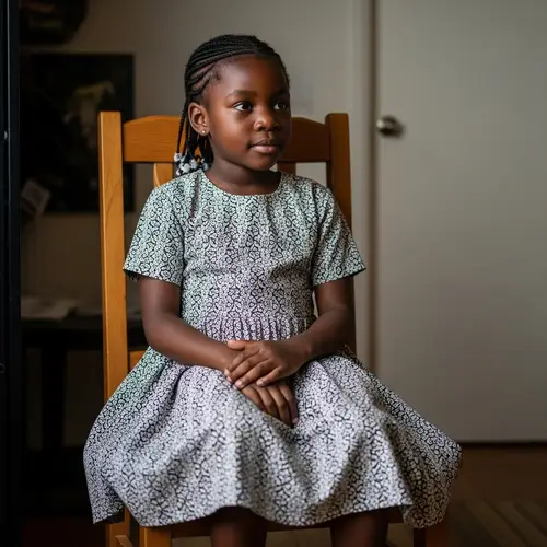 Young Black Girl Sitting Comfortably on Wooden Chair