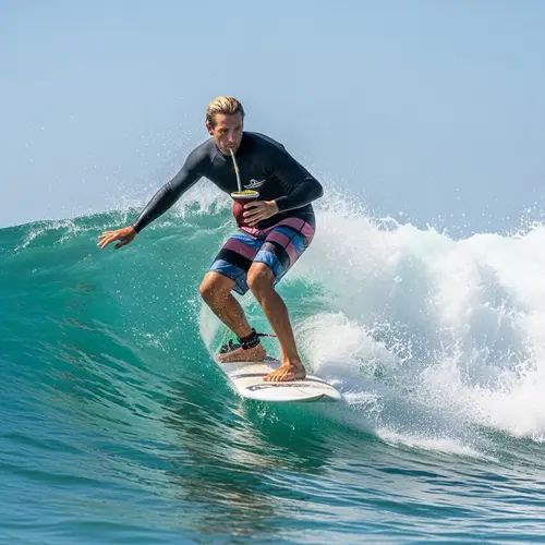 Blonde Man Surfing on Turquoise Wave with Yerba Mate