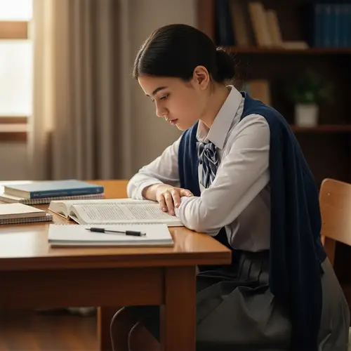 Modest School Uniform Girl Focused on Schoolwork