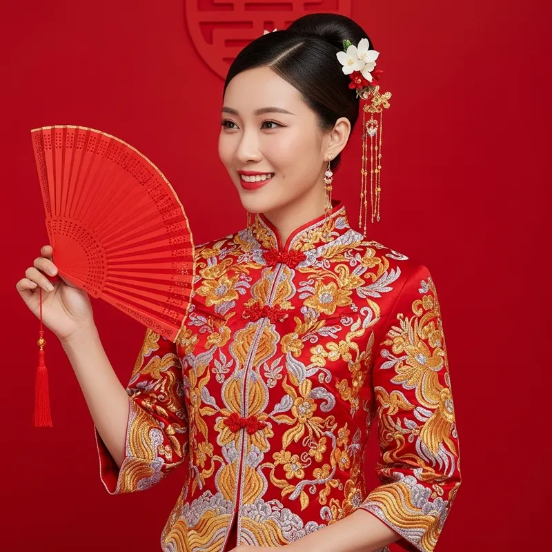 Stunning Chinese Bride in Elegant Red Qipao Outfit