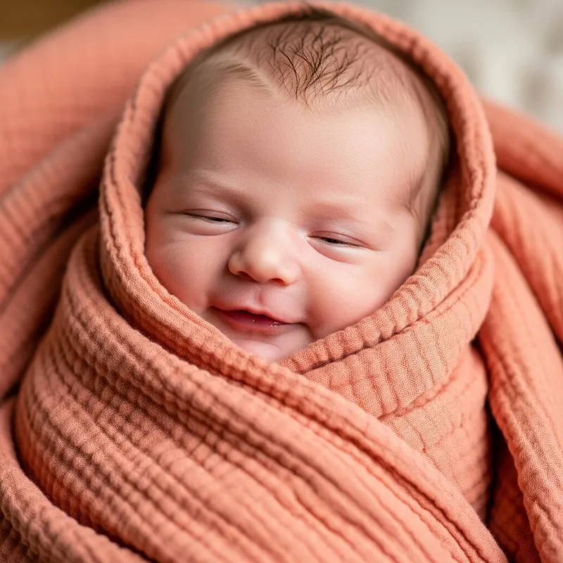 Joyful Newborn Baby Wrapped in Salmon Muslin Blanket