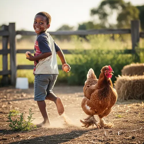 Playful African Child Escapes Hen with Stolen Eggs